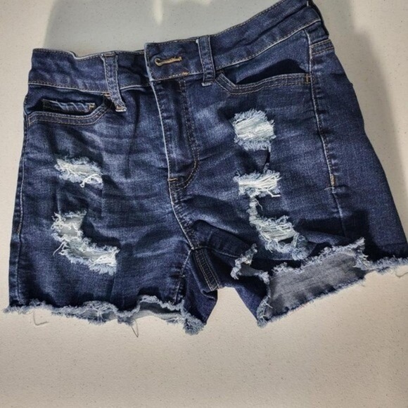 SO Distressed Denim Shorts Dark Wash Ripped Frayed Hem Juniors Size 9 - Picture 4 of 8